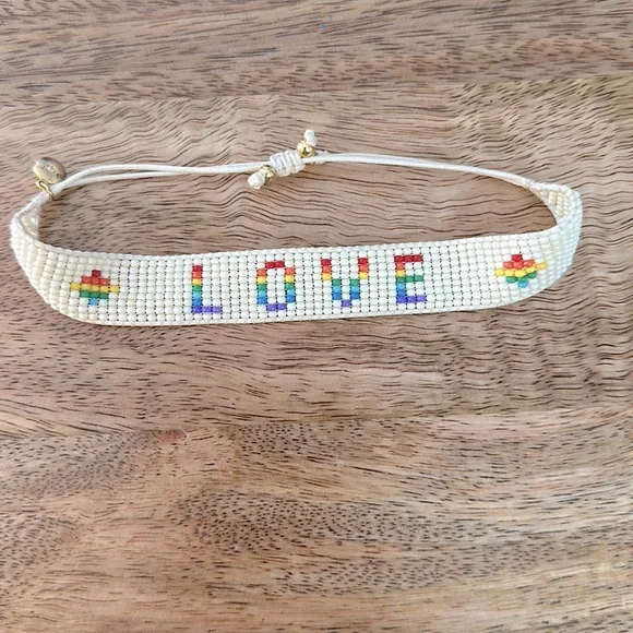 J.CREW LOVE ADJUSTABLE BRACELET AND HOMEMADE RAINBOW STRING BRACELET - Picture 2 of 4